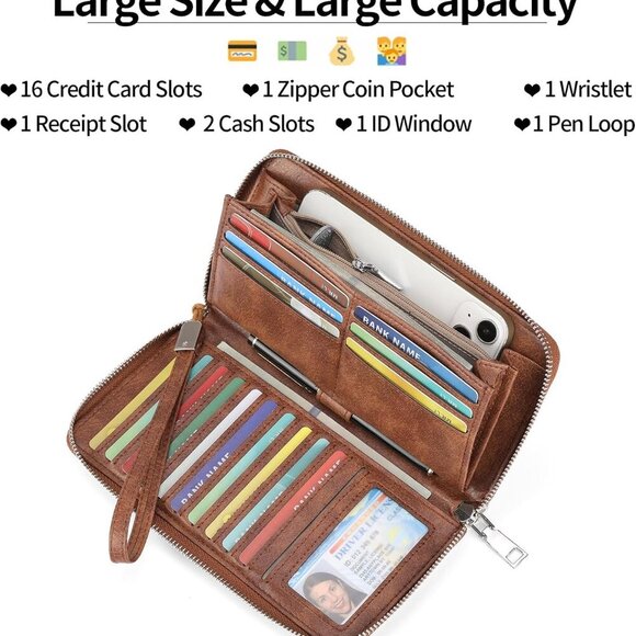 Women's RFID Blocking Leather Wallet Large Capacity Clutch Wristlet - Picture 2 of 6